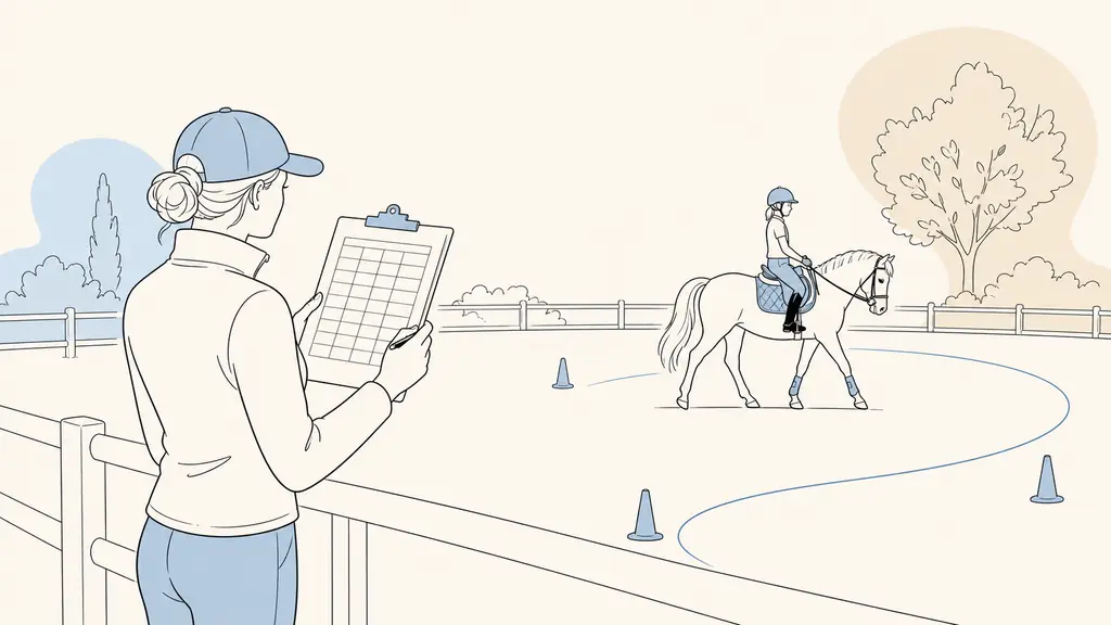 riding instructor reviewing a printed progression table beside an arena while a rider practices a precise curved line on a pony
