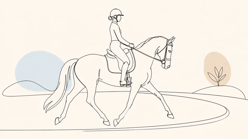 close editorial photograph of a rider practicing rising trot on a curved arena line, heels aligned under stable lower legs and upper body relaxed