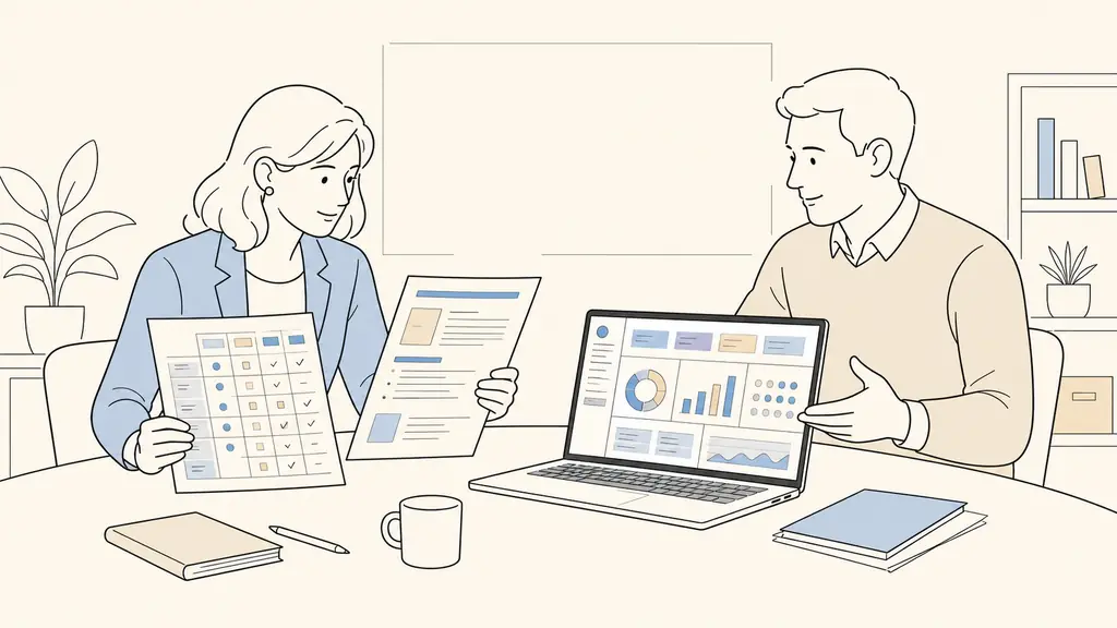 Editorial photograph of an HR manager comparing a printed skills matrix and a job description while an administrative employee demonstrates an ERP dashboard on a laptop in a small company meeting room, no readable text, no logo