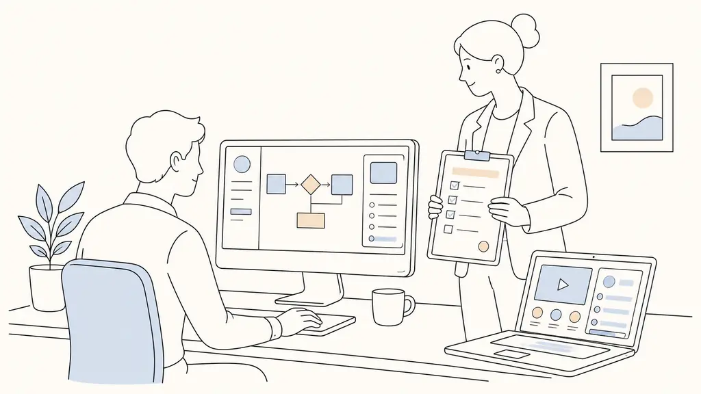 Editorial photograph of an employee practicing a software workflow at her workstation while a manager observes with an AFEST checklist, with an e-learning course open on a nearby laptop, no readable text, no logo