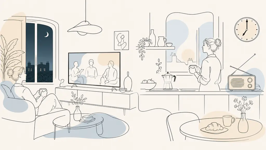 French living room at 8:30 PM with a television showing an evening program, alongside a kitchen radio and a clock displaying 7:00 AM in a split editorial scene, no text or logos
