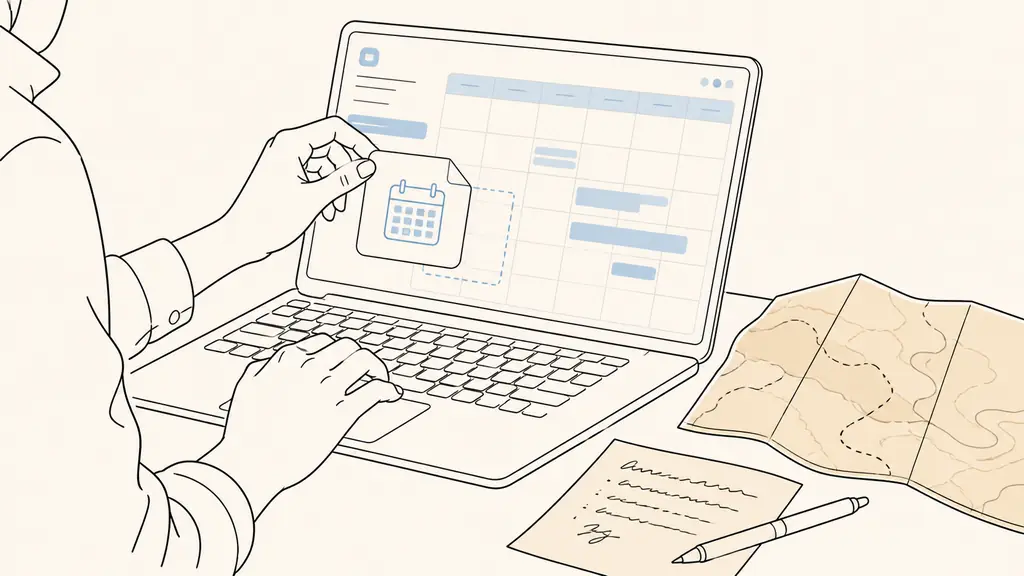Close-up editorial photograph of a person importing an ICS event on a laptop calendar, with a paper map of the Sahara and a handwritten preparation note beside the keyboard, no visible text or logos