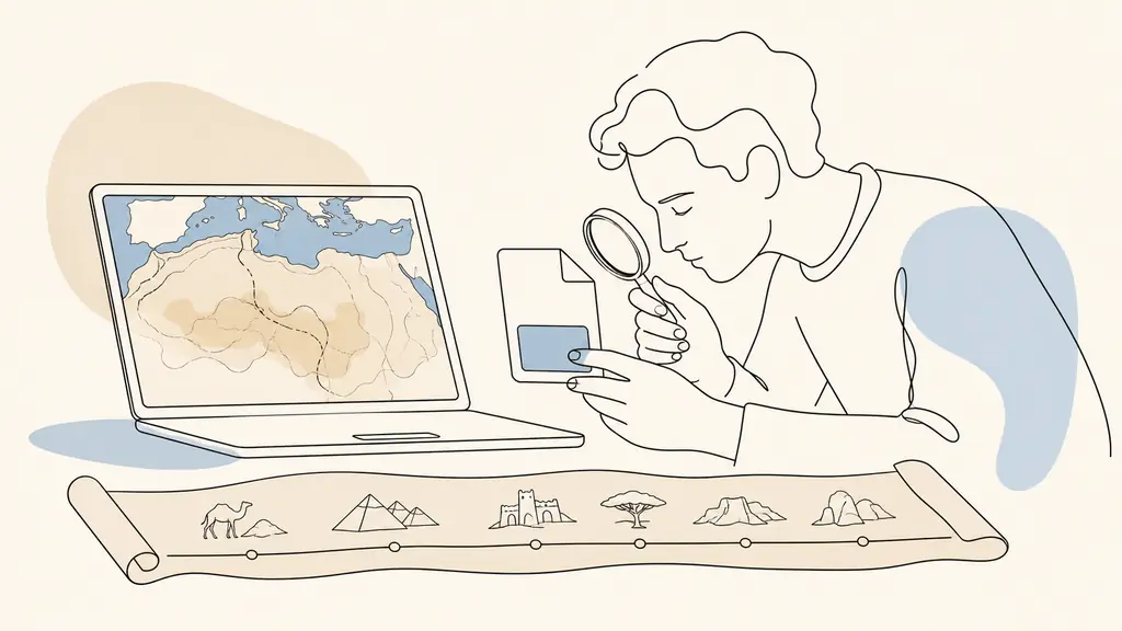 Editorial photograph of a laptop showing an alternate map view of the Sahara beside a downloaded file icon and a paper timeline, with a person checking the file extension, no visible text or logos