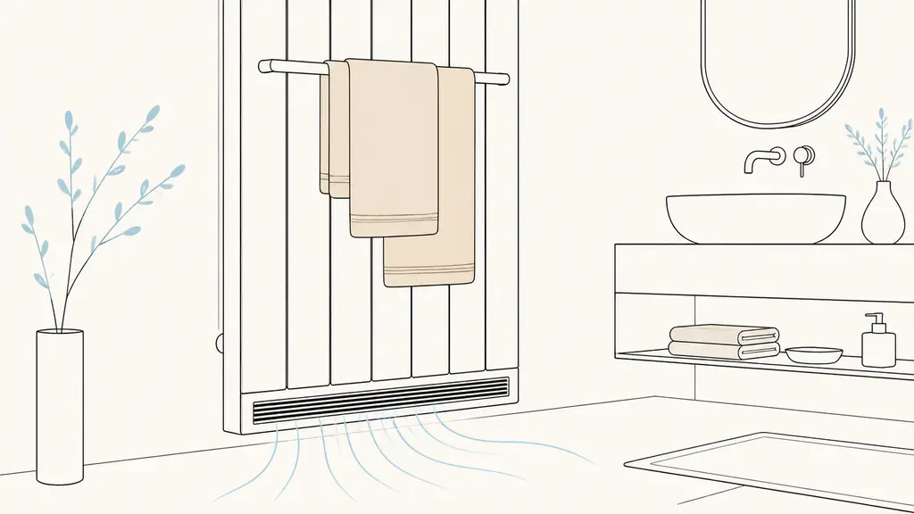 Close-up editorial photograph of a bathroom towel radiator with flat white blades, warm towels hanging above, and the lower ventilation grille visibly releasing warm air, no text, no logo