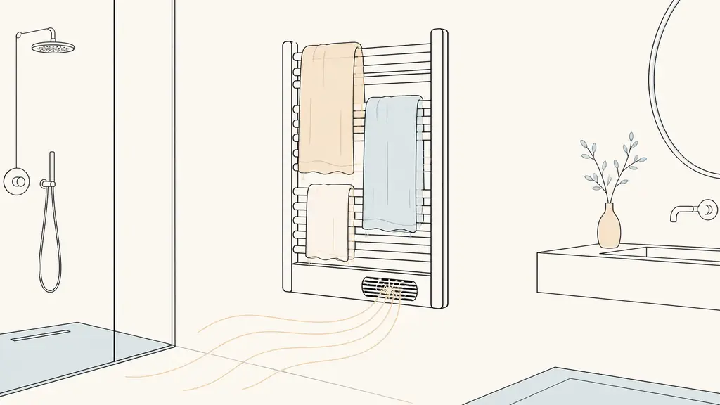 Editorial photograph of a compact wall-mounted towel radiator in a small bathroom, damp towels hanging on the heated bars while the lower fan grille blows warm air before a shower, no text, no logo