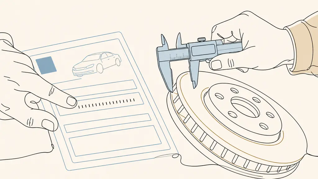 Close-up editorial photograph of a mechanic checking a 17-character VIN on a vehicle registration document beside an old brake disc being measured with a caliper, no text, no logo