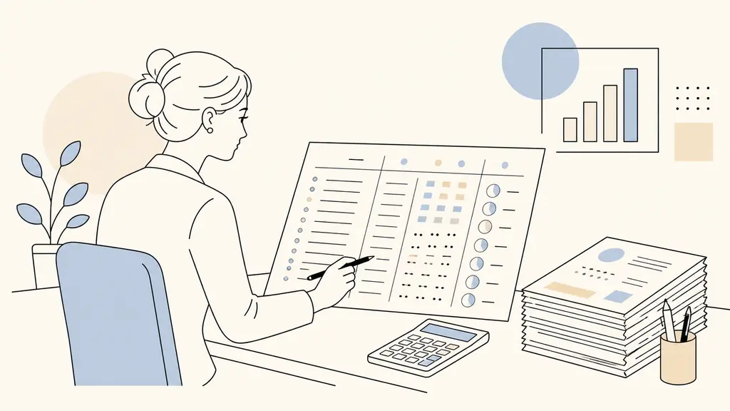 Payroll manager checking an annual workforce spreadsheet showing employee count and contribution rates beside a calculator and salary records, editorial office photography, no text, no logo