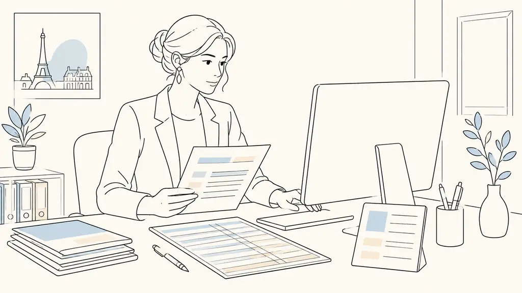 Payroll specialist reviewing a DSN submission on a computer beside an IDCC record and separate contribution lines on a payroll worksheet, editorial office photography, no text, no logo