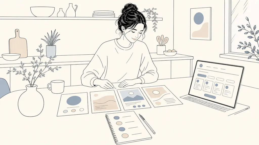 editorial photo of a woman at a kitchen table comparing four printed training brochures, a handwritten shortlist with CNAM AFPA Cegos and OpenClassrooms circled, laptop open to a certification directory page, natural daylight, no text, no logo