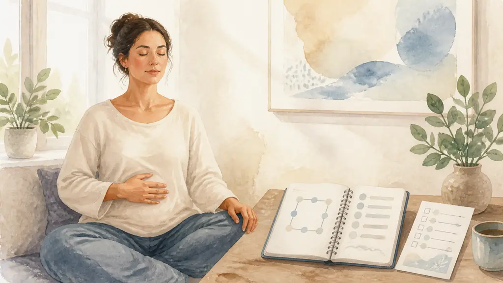 Editorial photograph of a woman practicing square breathing beside an open stress-tracking notebook and a printed personal checklist, soft natural light, no text, no logo