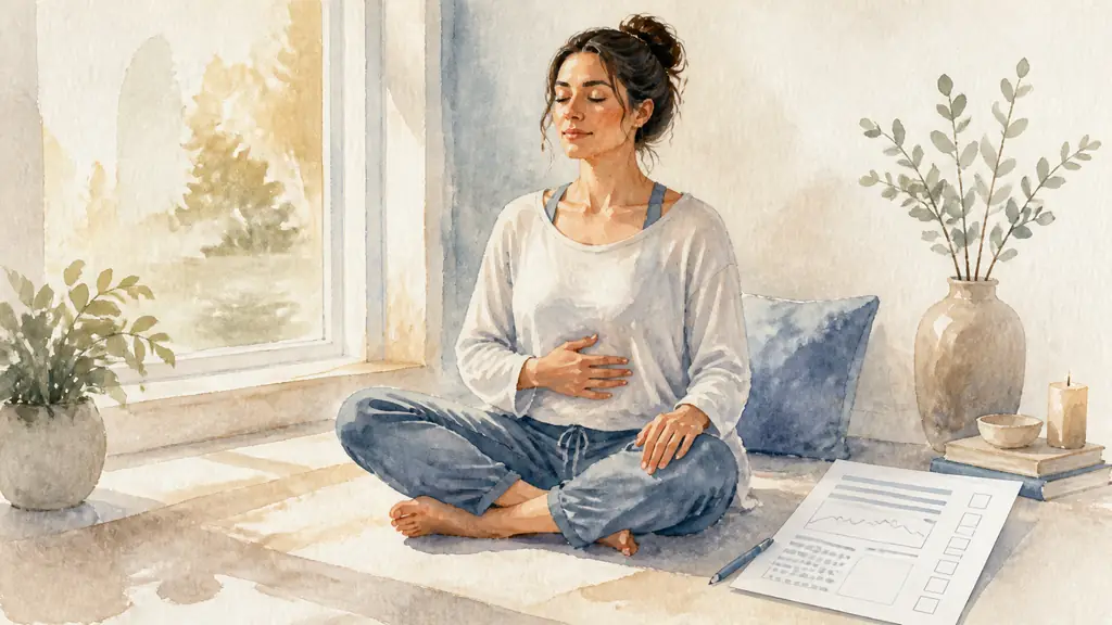 Editorial photograph of a woman practicing abdominal breathing with one hand on her stomach, beside a printed stress-tracking sheet and a checkbox checklist, soft natural light, no text, no logo