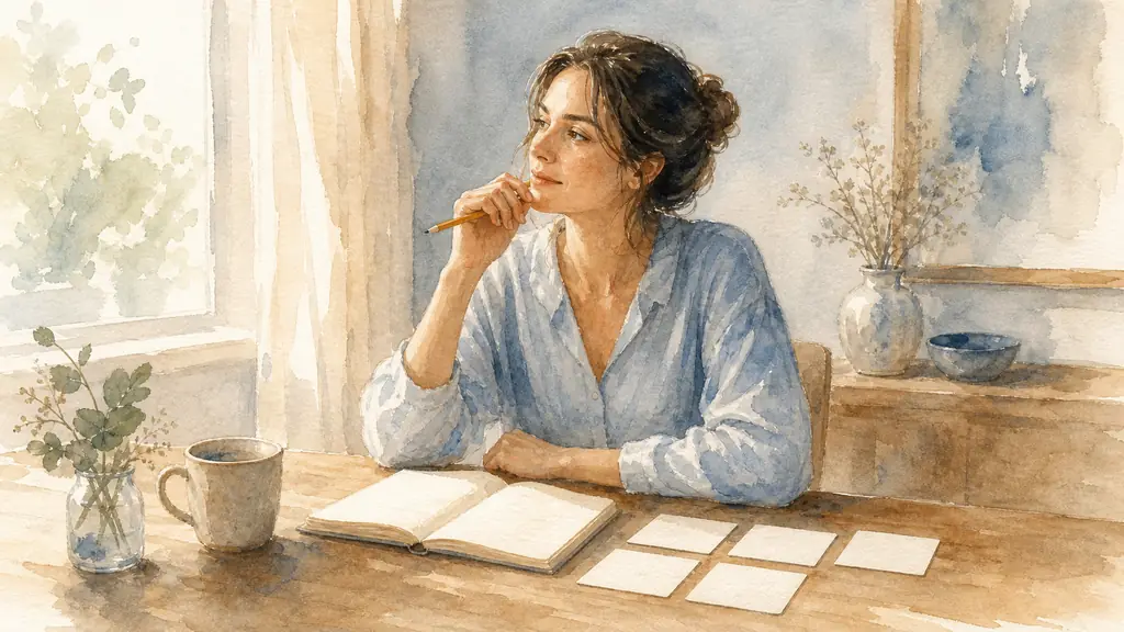 Editorial photograph of a woman at a wooden table writing in an open journal, five small evidence cards arranged beside it, pausing thoughtfully with a pencil in hand, natural morning light, no visible text or logo