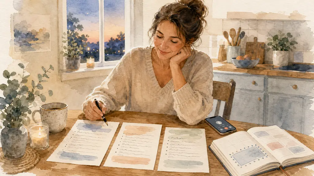Editorial photograph of a woman reviewing three handwritten weekly progress notes at a kitchen table, her phone beside her during a supportive call with a trusted friend, an open planner showing a reserved review slot, natural evening light, no visible text or logo