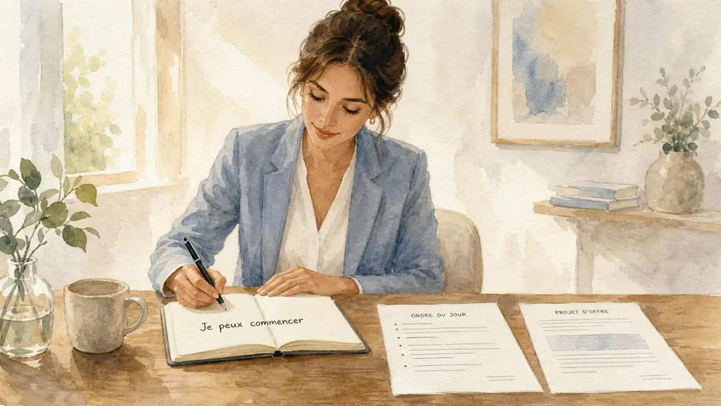 A woman at a wooden desk writing “Je peux commencer” in a small notebook beside a meeting agenda and a business offer draft, warm natural morning light, editorial photography, no visible logos