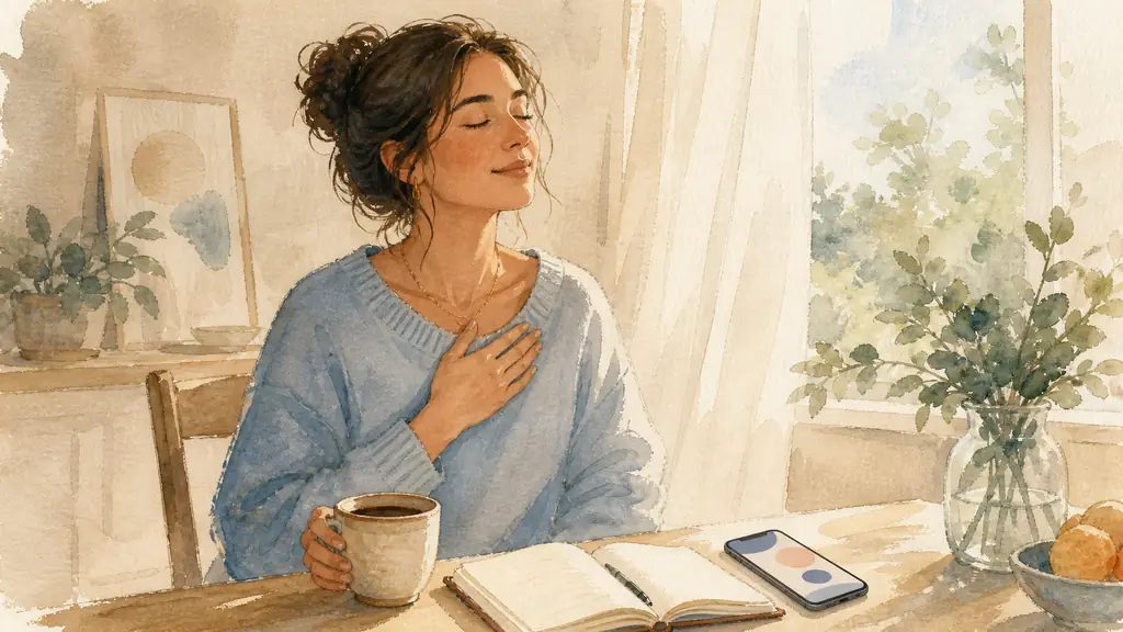 A woman at a breakfast table repeating a morning affirmation with one hand on her chest, a smartphone reminder and an open notebook beside a cup of coffee, warm editorial photography, no text, no logos