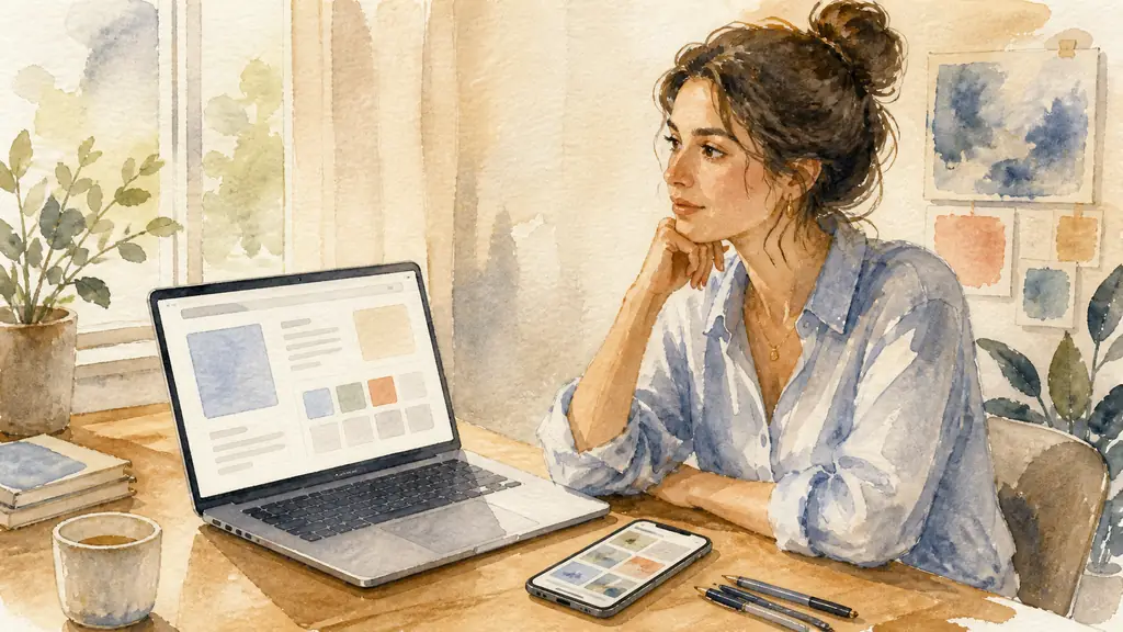 Editorial photograph of a woman at a wooden desk, laptop open to an unfinished proposal, smartphone displaying social media beside neatly arranged pens, thoughtful natural expression, soft daylight, no text, no logo