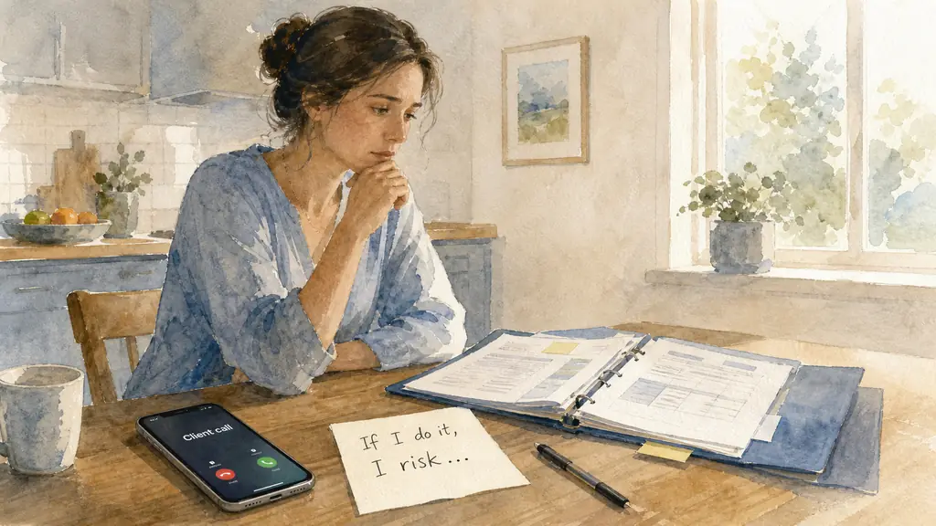 Editorial photograph of a woman seated at a kitchen table, an unanswered client call displayed on her smartphone, an administrative folder open beside a handwritten note completing the phrase “If I do it, I risk…”, soft natural daylight, no logo