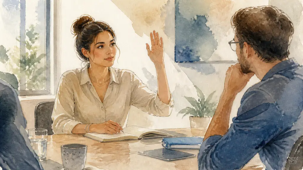 Editorial photograph of a woman in a workplace meeting calmly raising one hand beside an open notebook while a colleague listens across the table, natural light, no text, no logo