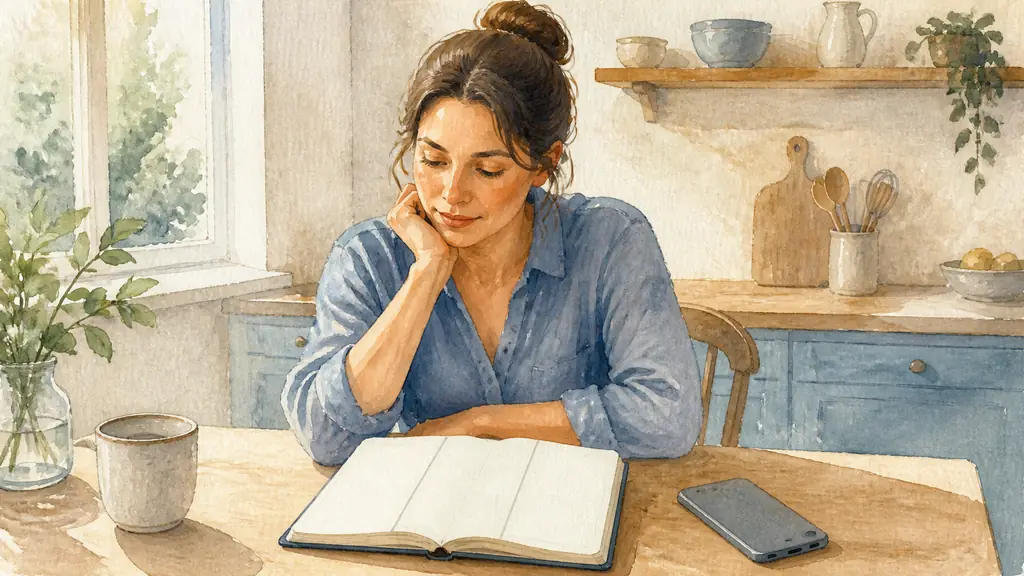 Editorial photograph of a woman seated at a kitchen table reviewing an open notebook divided into three columns, with her phone placed face down beside it, natural morning light, no text, no logo