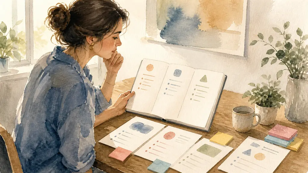 A woman at a wooden desk comparing a notebook listing three recent challenges with feedback sheets and colored sticky notes, natural editorial photography, no text, no logo