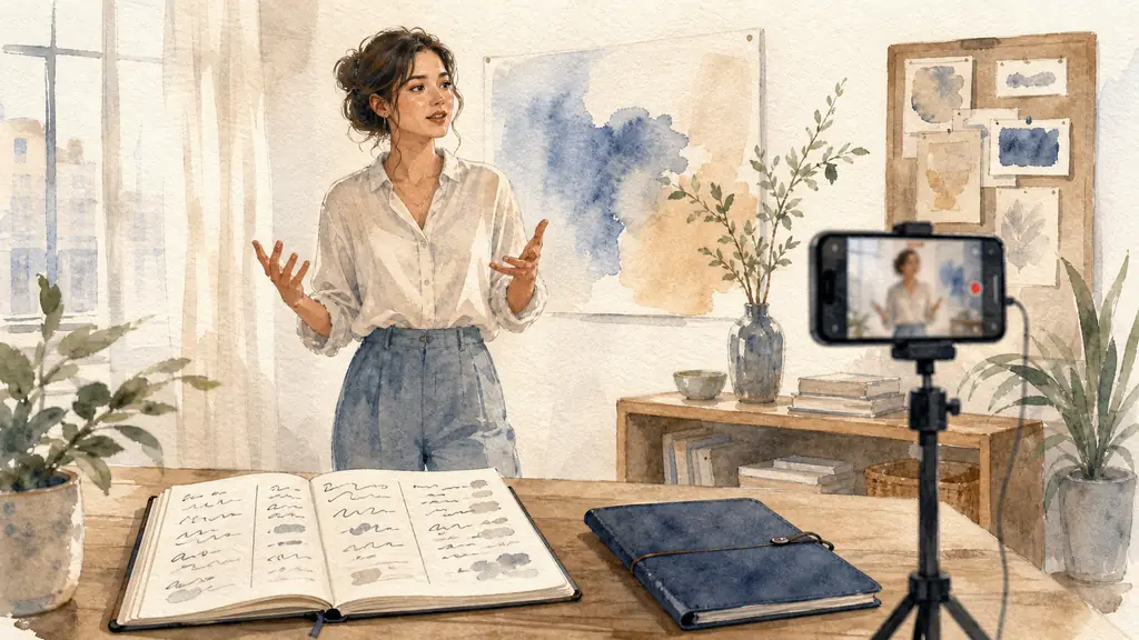 A woman rehearsing a five-minute presentation beside a phone recording her, with an open notebook divided into three handwritten columns and a small portfolio folder, natural editorial photography, no readable text, no logo