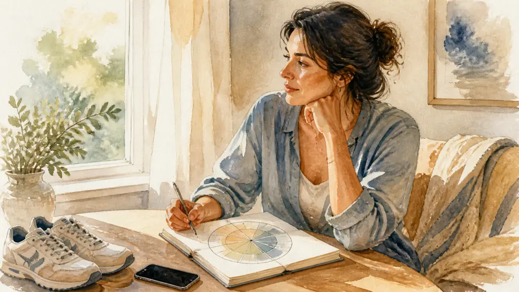 Editorial photograph of a woman reviewing a life-balance wheel in a notebook beside walking shoes and a switched-off smartphone, soft natural window light, no text, no logo