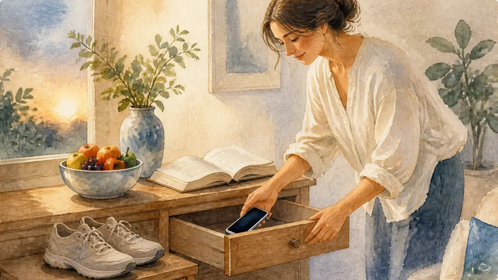 Editorial photograph of a woman placing her smartphone in a drawer beside an open novel, with walking shoes and a bowl of fresh fruit nearby, soft evening light, no text, no logo