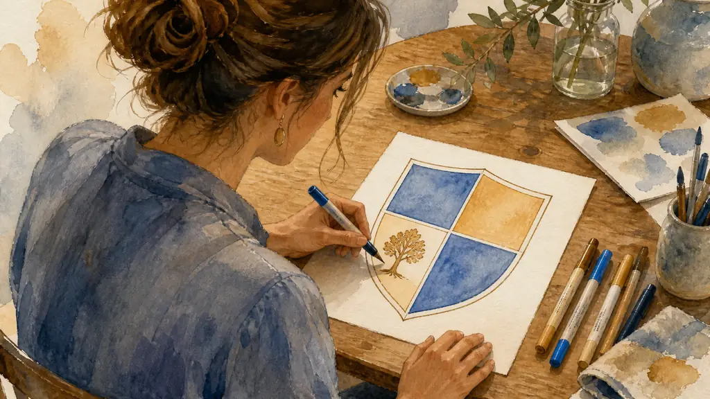 Editorial photograph of a woman at a wooden table filling a divided shield template with blue and ochre markers, drawing a small oak tree symbol, no visible text or logo