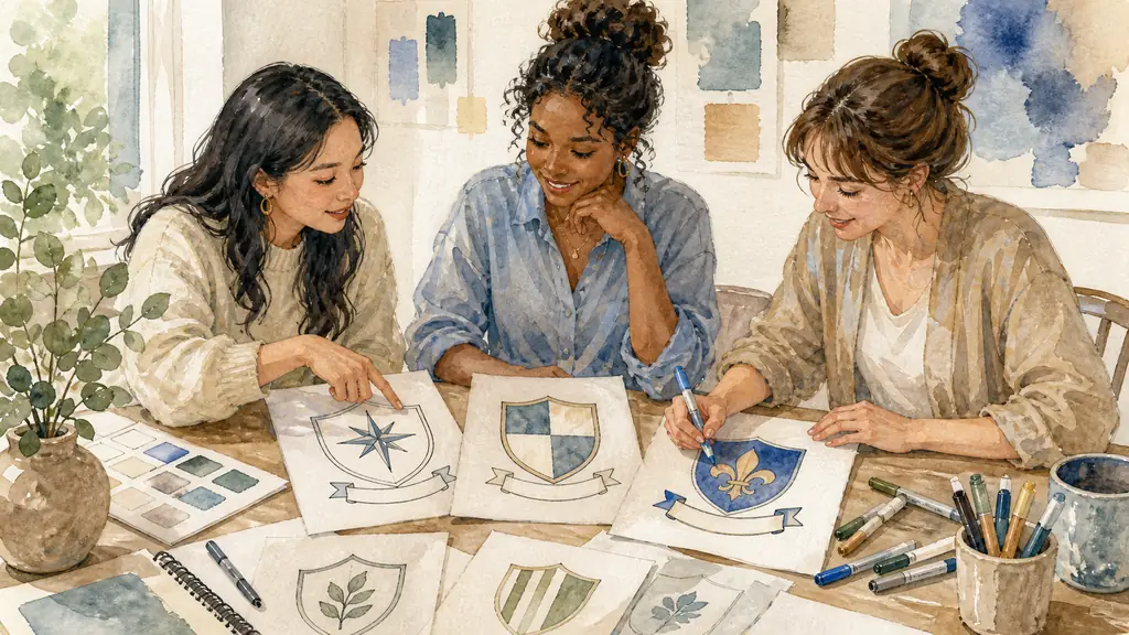 Editorial photograph of three women around a table comparing shield drawings, one pointing to a compass symbol while another adds a shared motto banner with colored markers, no visible text or logo