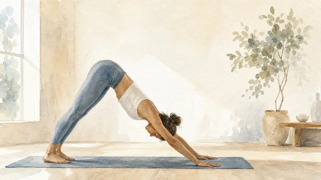 editorial photo of a woman entering downward facing dog in a bright yoga studio, knees slightly bent, hands grounded firmly on the mat, natural light, realistic posture alignment, no text, no logo