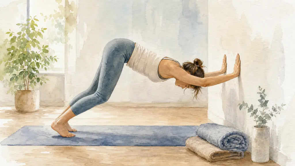 editorial photo of a tired woman practicing a gentle modified downward facing dog with bent knees and hands on a wall in a calm yoga studio, soft natural light, realistic posture, no text, no logo