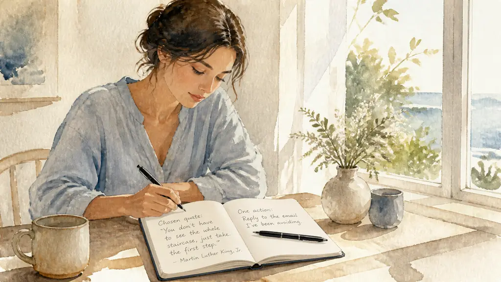 Editorial photograph of a woman beside a sunlit window, handwriting a chosen quote and one concrete action in an open notebook, with a pen resting across the page