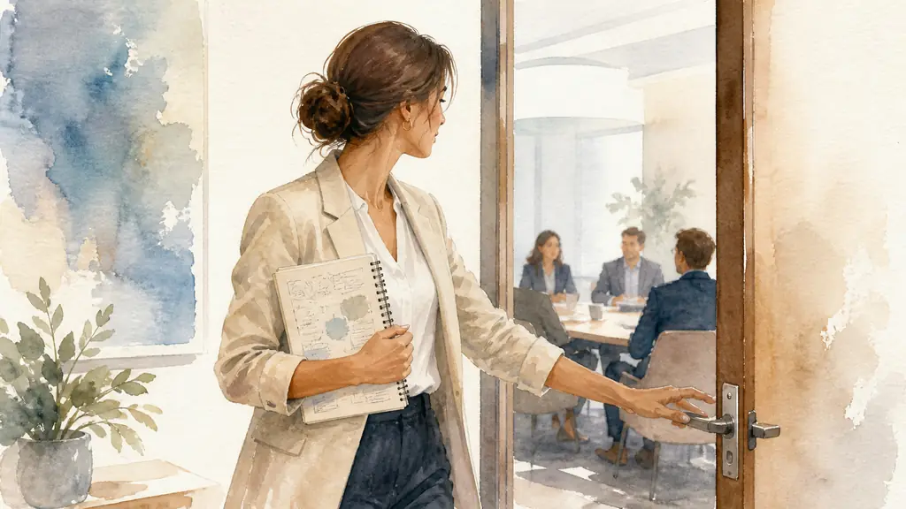 Editorial photograph of a woman entering a meeting room with one hand on the door and an annotated preparation notebook held against her chest, colleagues softly blurred in the background, no text or logo