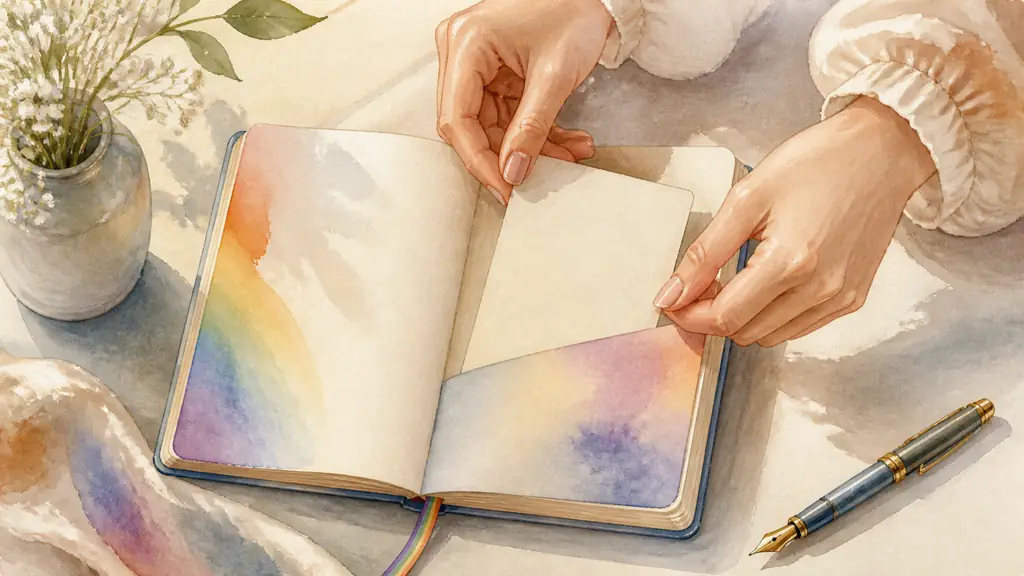 close-up editorial photograph of a woman placing a small cream card inside an open pride journal beside a fountain pen, soft morning light, no visible text or logo