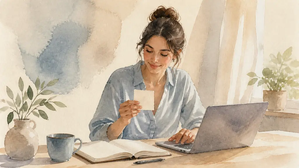 editorial photograph of a woman reading a handwritten affirmation card before sending a message on her laptop, notebook open beside her, soft natural window light, no visible text or logo