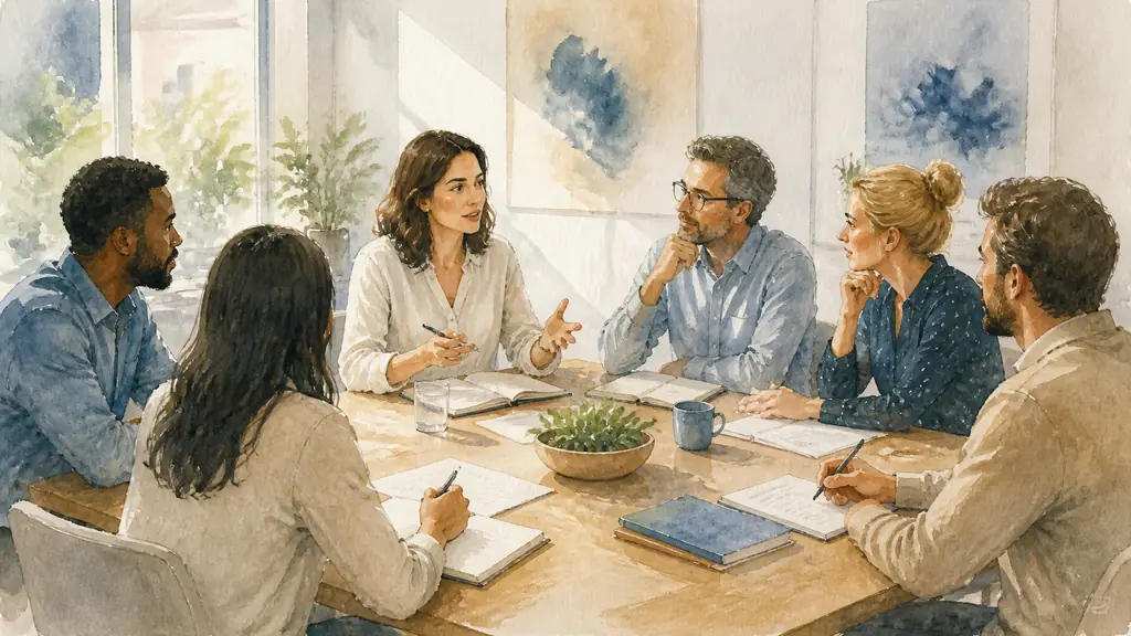 Editorial photograph of a female facilitator seated with five colleagues around a meeting table, discussing team communication during an organizational change, natural daylight, no text, no logo