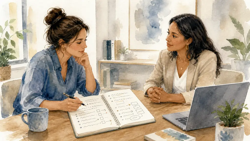 Editorial photograph of a woman reviewing career options in a notebook beside a laptop while a coach listens across the table, a handwritten action plan visible, natural daylight, no text, no logo
