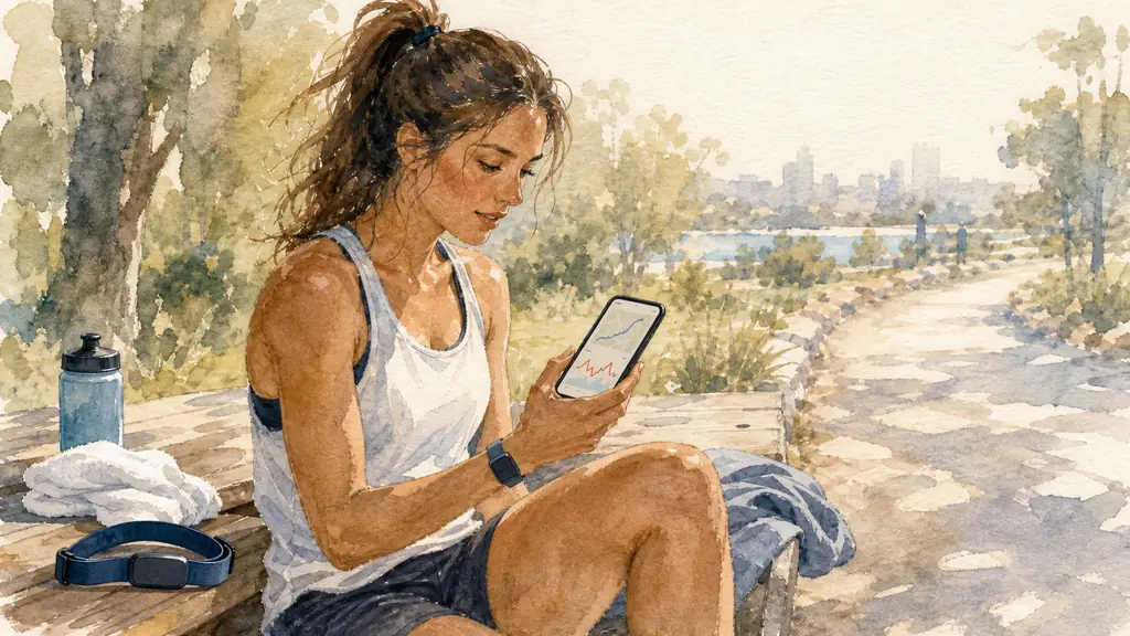 athletic woman checking a GPS running route and heart rate graph on her smartphone beside a Bluetooth chest strap after an outdoor training session, natural editorial photography, no text, no logo