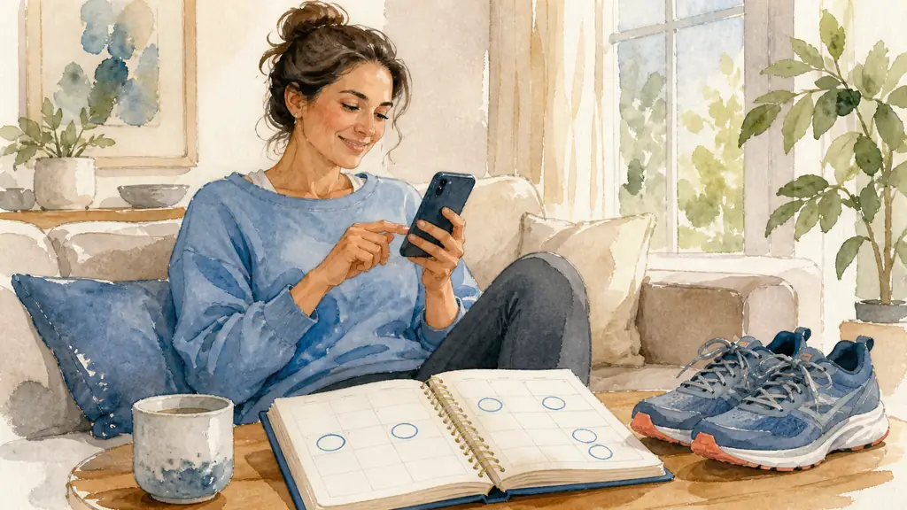 woman seated at home choosing a beginner running plan on her smartphone, with training days circled in a paper weekly planner and running shoes nearby, natural editorial photography, no text, no logo
