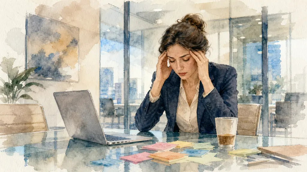 Editorial photograph of a tired female manager rubbing her temples at a glass meeting room table, open laptop, scattered sticky notes, half-full coffee cup, soft natural office light, no text, no logo