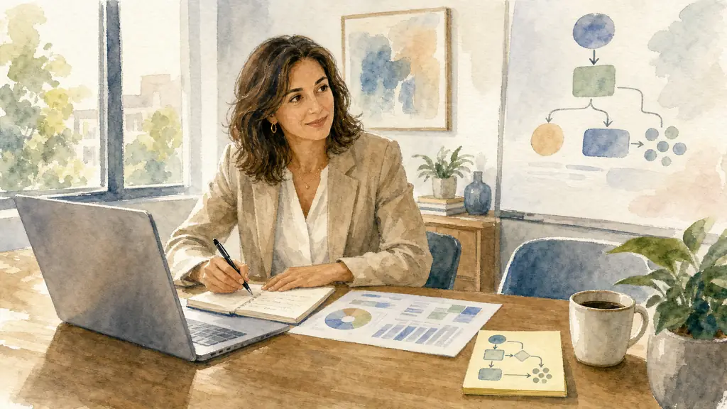 Editorial photo of a female manager in a small meeting room, laptop open beside a printed dashboard, holding a pen over handwritten notes, while a sticky note reading AI workflow sits near a coffee cup, natural office light, no text, no logo