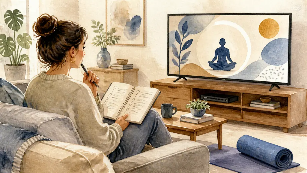 Editorial photograph of a woman watching a televised home coaching advertisement, notebook with qualification questions in hand, exercise mat visible beside the sofa, no text or logo