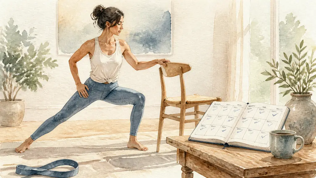 Editorial photograph of a woman doing a controlled mobility exercise at home beside a chair, weekly workout appointments marked in an open planner, resistance band on the floor, no text or logo