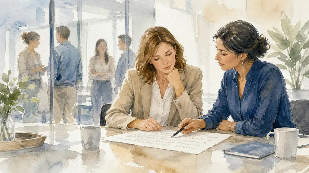 Editorial photograph of a female manager at a meeting table reviewing a handwritten action plan with a coach, former colleagues visible through a glass meeting-room wall, natural office light, no text, no logo