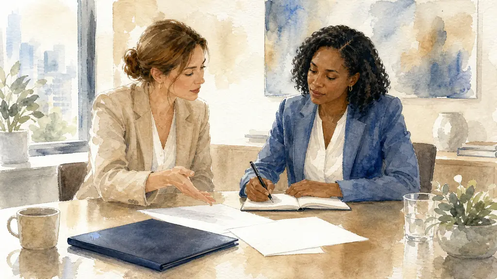 Editorial photograph of a female manager and professional coach reviewing a written action plan after a role-play exercise, confidentiality agreement folder on the table, natural office light, no text, no logo