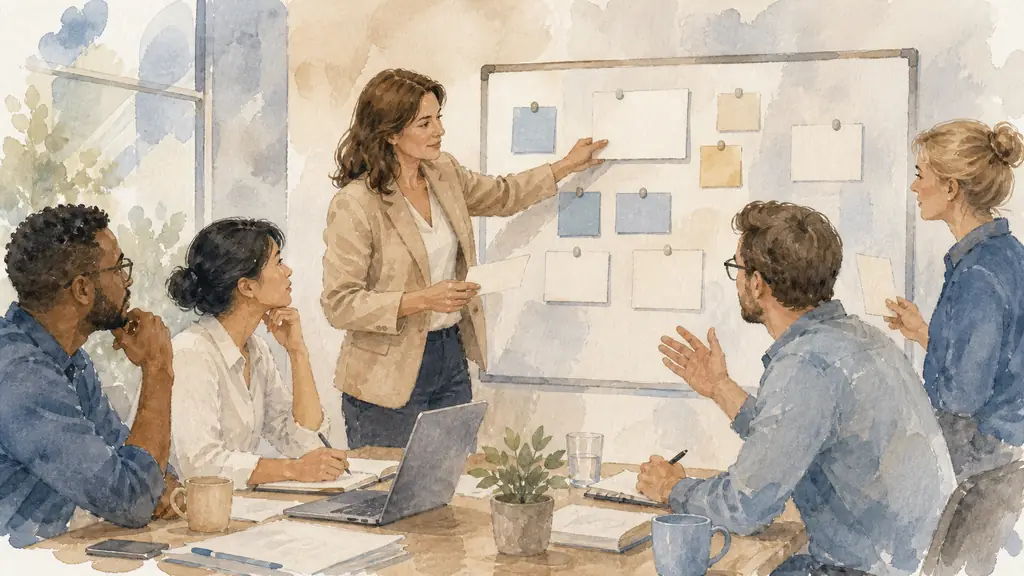Editorial photograph of a female manager and her team gathered around a meeting-room whiteboard, arranging action-plan cards and exchanging structured feedback, no readable text, no logo