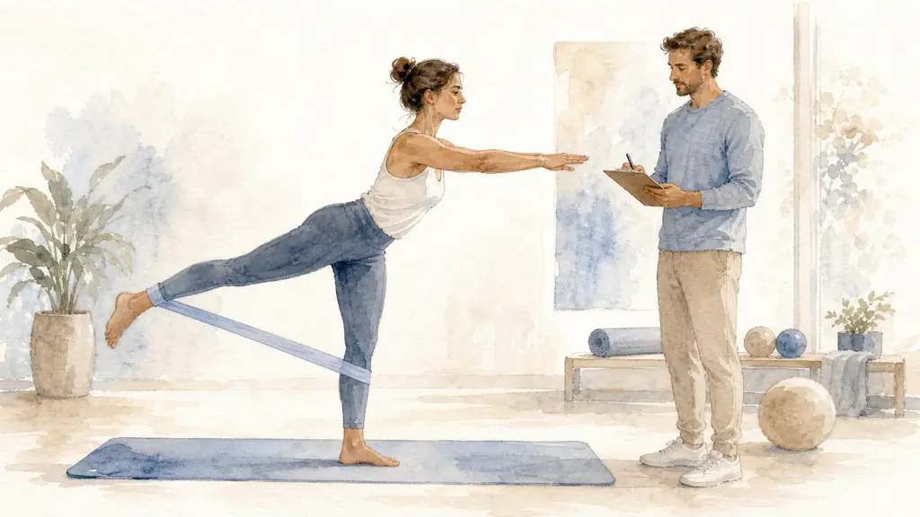 Editorial photograph of a woman performing a single-leg balance exercise with a resistance band on a gym mat while a coach observes her posture and notes her mobility