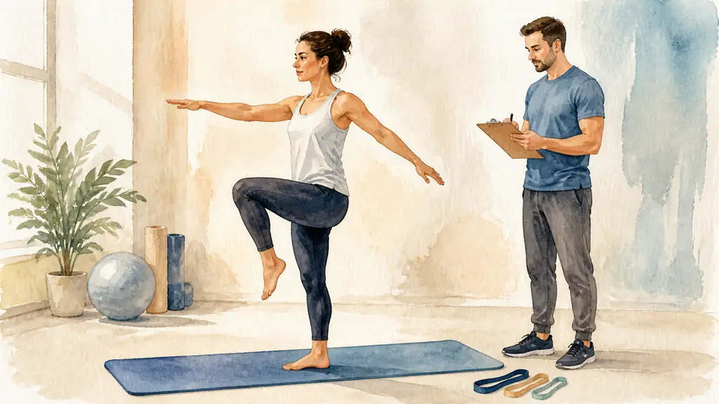 Editorial photograph of a woman performing a balance test on a gym mat while her coach observes her posture and records results on a clipboard, resistance bands placed nearby