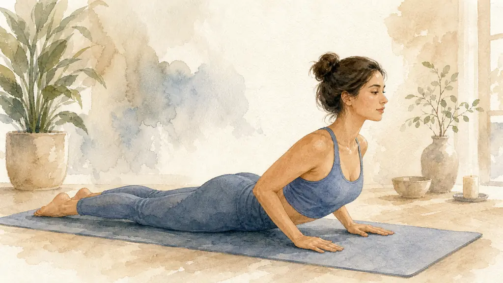 Editorial photograph of a woman practicing a low cobra pose on a yoga mat, pelvis and straight legs grounded, palms beneath the shoulders, chest gently lifted and gaze directed toward the front edge of the mat, soft natural studio light, no text or logo