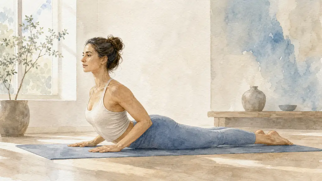 Editorial photograph of a woman transitioning from forearm sphinx to a low cobra on a yoga mat, elbows pointing backward, pelvis grounded and gaze neutral toward the front edge of the mat, soft natural studio light, no text or logo